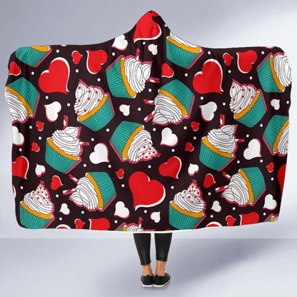 Cupcakes Heart Print Pattern Hooded Blanket-JTAMIGO.COM
