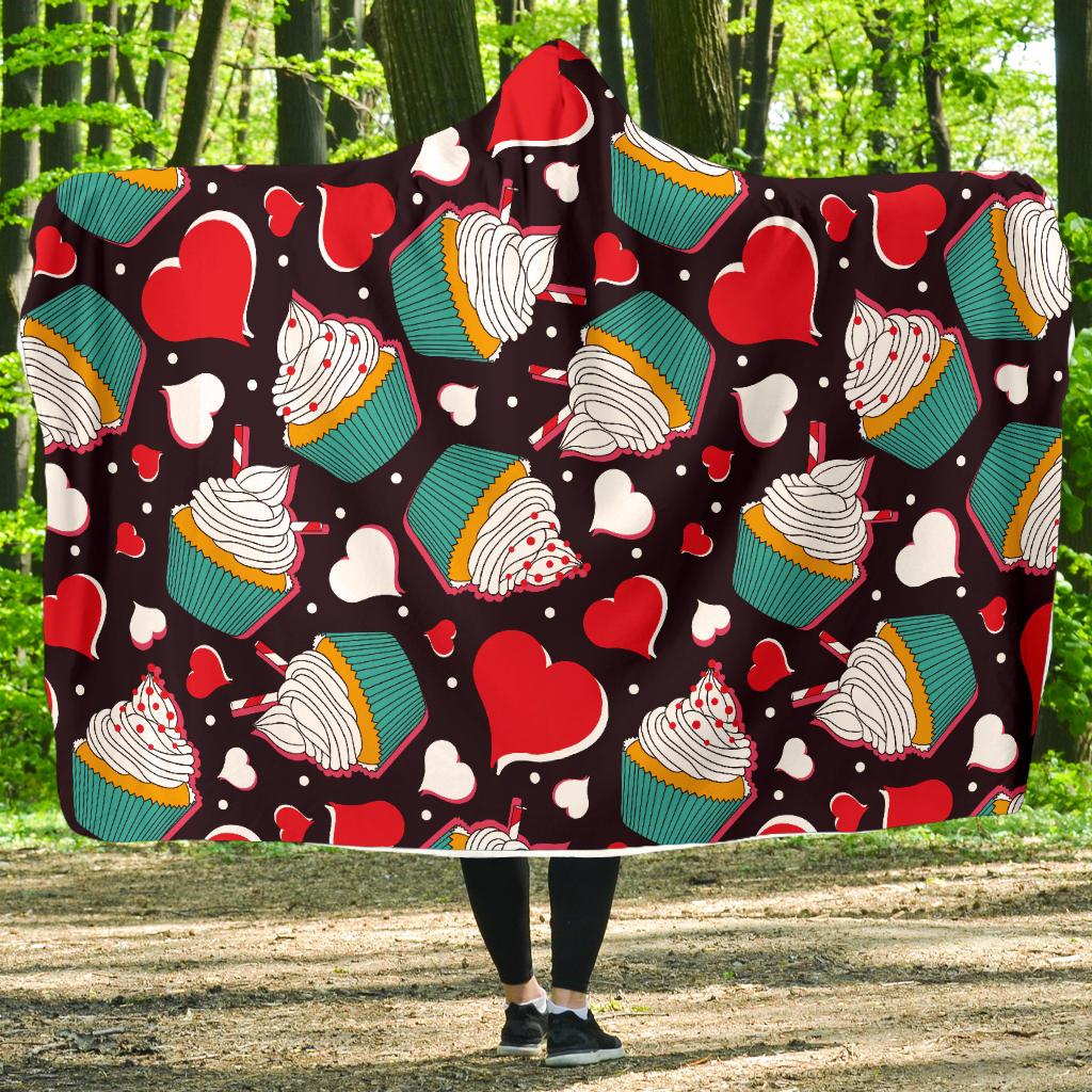 Cupcakes Heart Print Pattern Hooded Blanket-JTAMIGO.COM