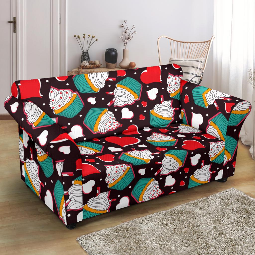 Cupcakes Heart Print Pattern Loveseat Slipcover-JTAMIGO.COM