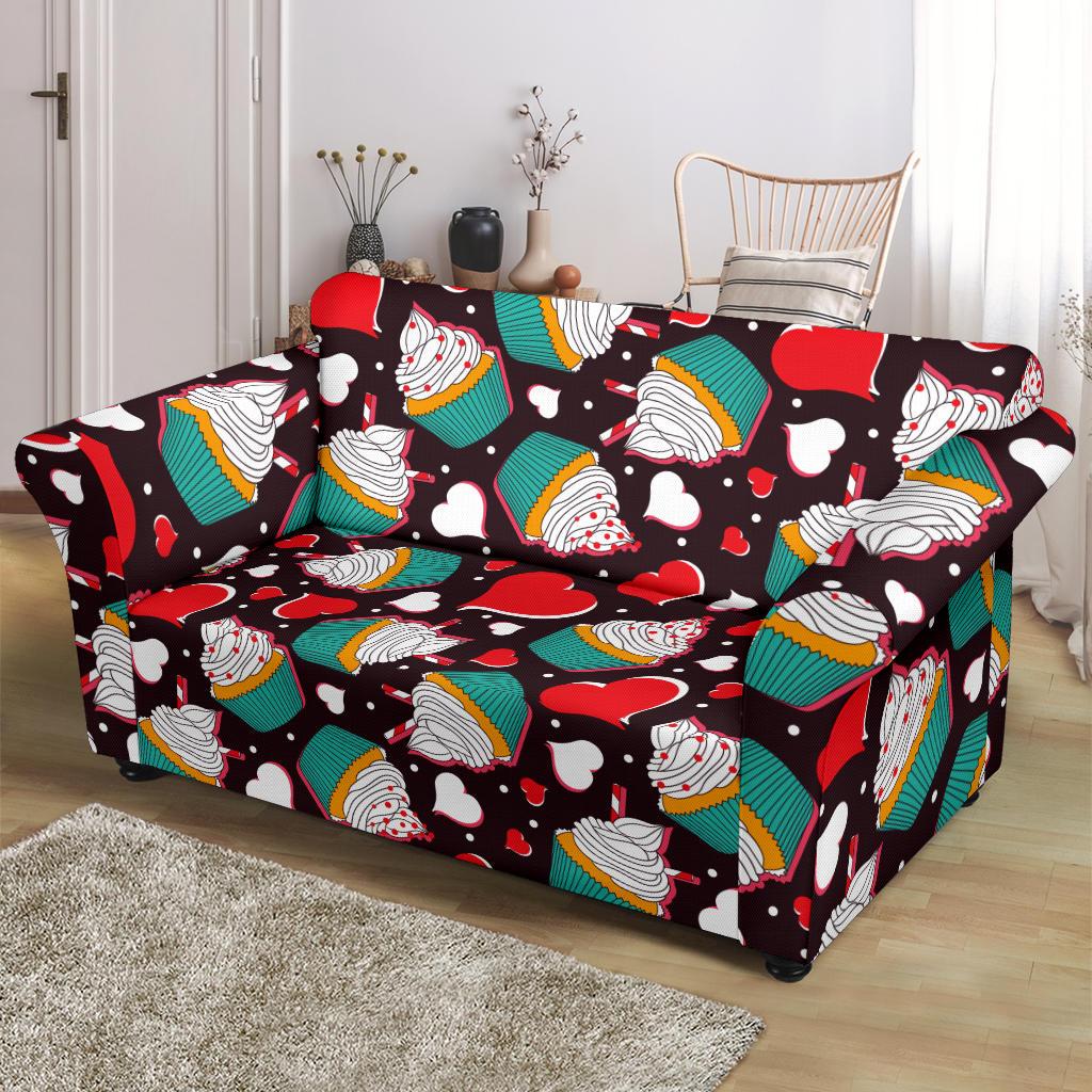 Cupcakes Heart Print Pattern Loveseat Slipcover-JTAMIGO.COM