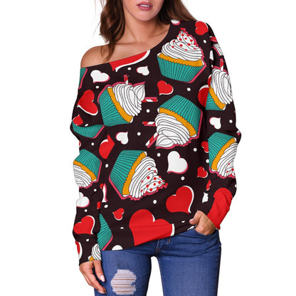 Cupcakes Heart Print Pattern Off Shoulder Sweatshirt