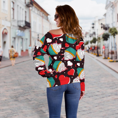Cupcakes Heart Print Pattern Off Shoulder Sweatshirt