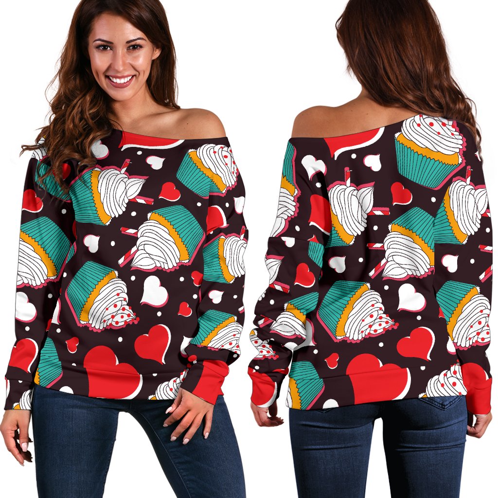 Cupcakes Heart Print Pattern Off Shoulder Sweatshirt