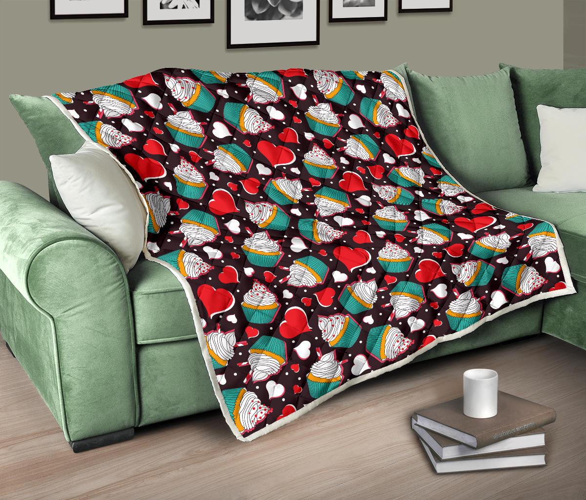 Cupcakes Heart Print Pattern Premium Quilt-JTAMIGO.COM