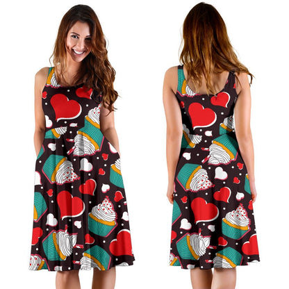 Cupcakes Heart Print Pattern Sleeveless Dress