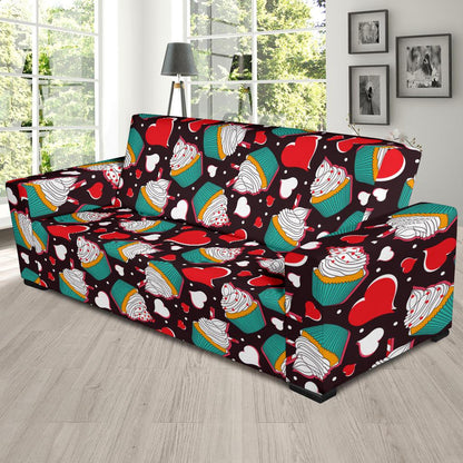 Cupcakes Heart Print Pattern Sofa Slipcover-JTAMIGO.COM