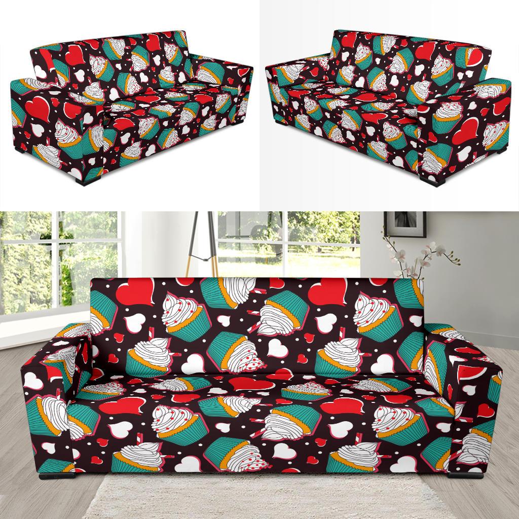 Cupcakes Heart Print Pattern Sofa Slipcover-JTAMIGO.COM