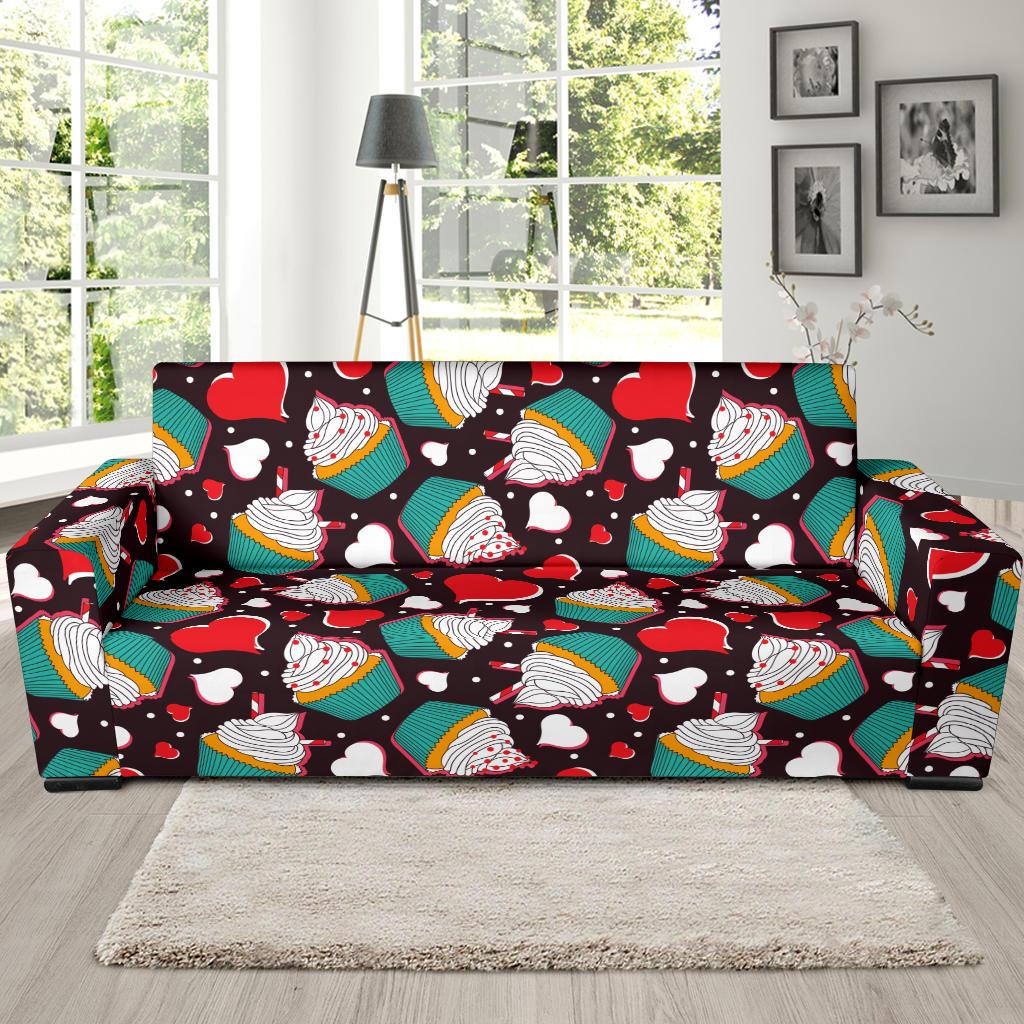 Cupcakes Heart Print Pattern Sofa Slipcover-JTAMIGO.COM
