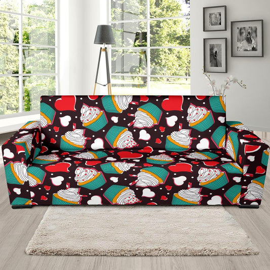 Cupcakes Heart Print Pattern Sofa Slipcover-JTAMIGO.COM