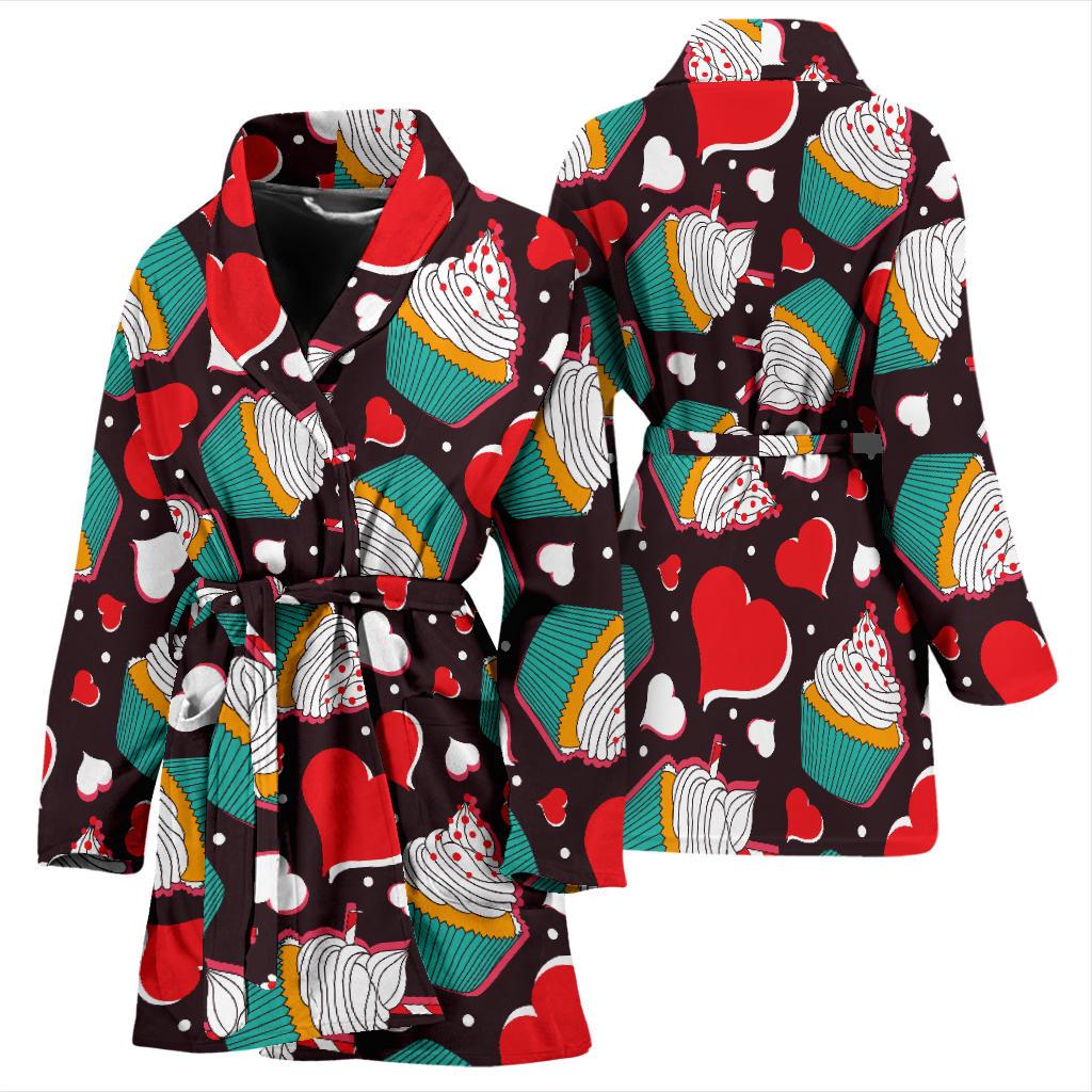 Cupcakes Heart Print Pattern Women Bath Robe-JTAMIGO.COM
