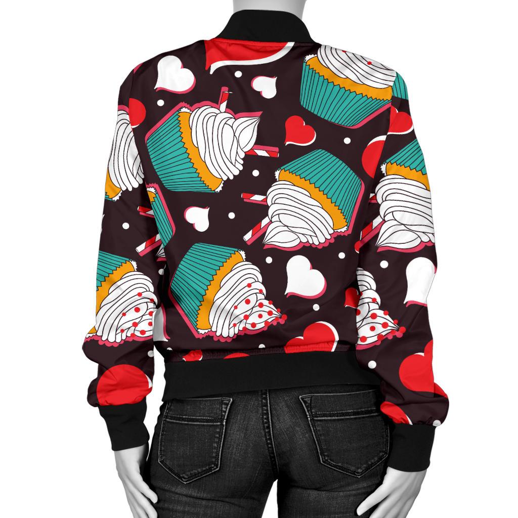 Cupcakes Heart Print Pattern Women Casual Bomber Jacket
