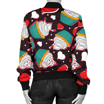 Cupcakes Heart Print Pattern Women Casual Bomber Jacket