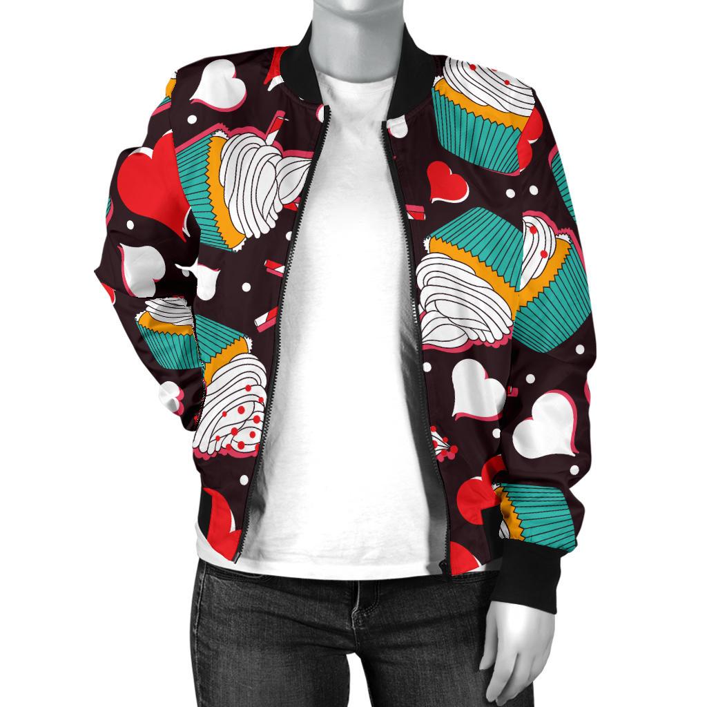 Cupcakes Heart Print Pattern Women Casual Bomber Jacket