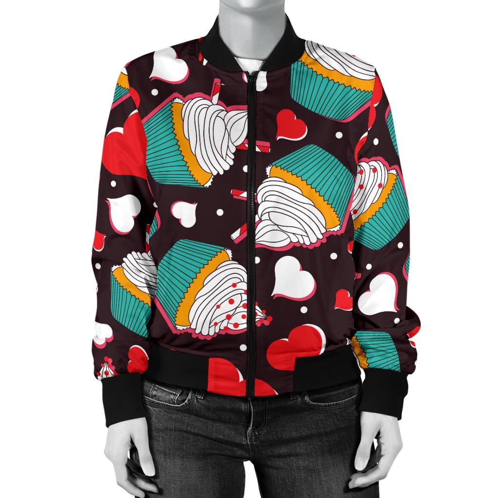 Cupcakes Heart Print Pattern Women Casual Bomber Jacket
