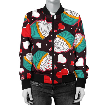 Cupcakes Heart Print Pattern Women Casual Bomber Jacket