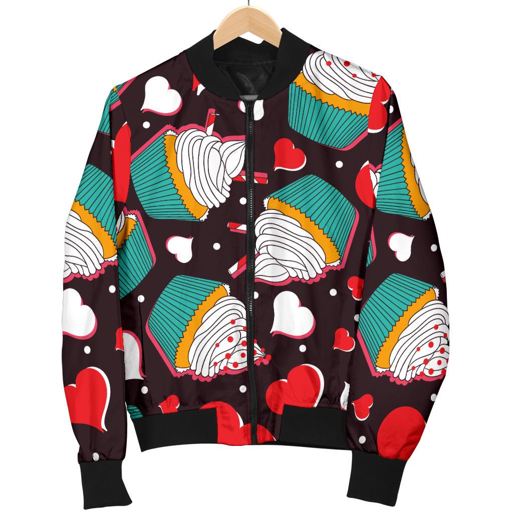 Cupcakes Heart Print Pattern Women Casual Bomber Jacket