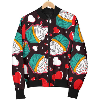 Cupcakes Heart Print Pattern Women Casual Bomber Jacket