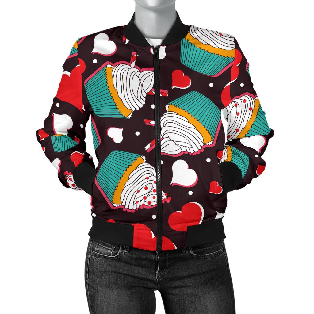 Cupcakes Heart Print Pattern Women Casual Bomber Jacket