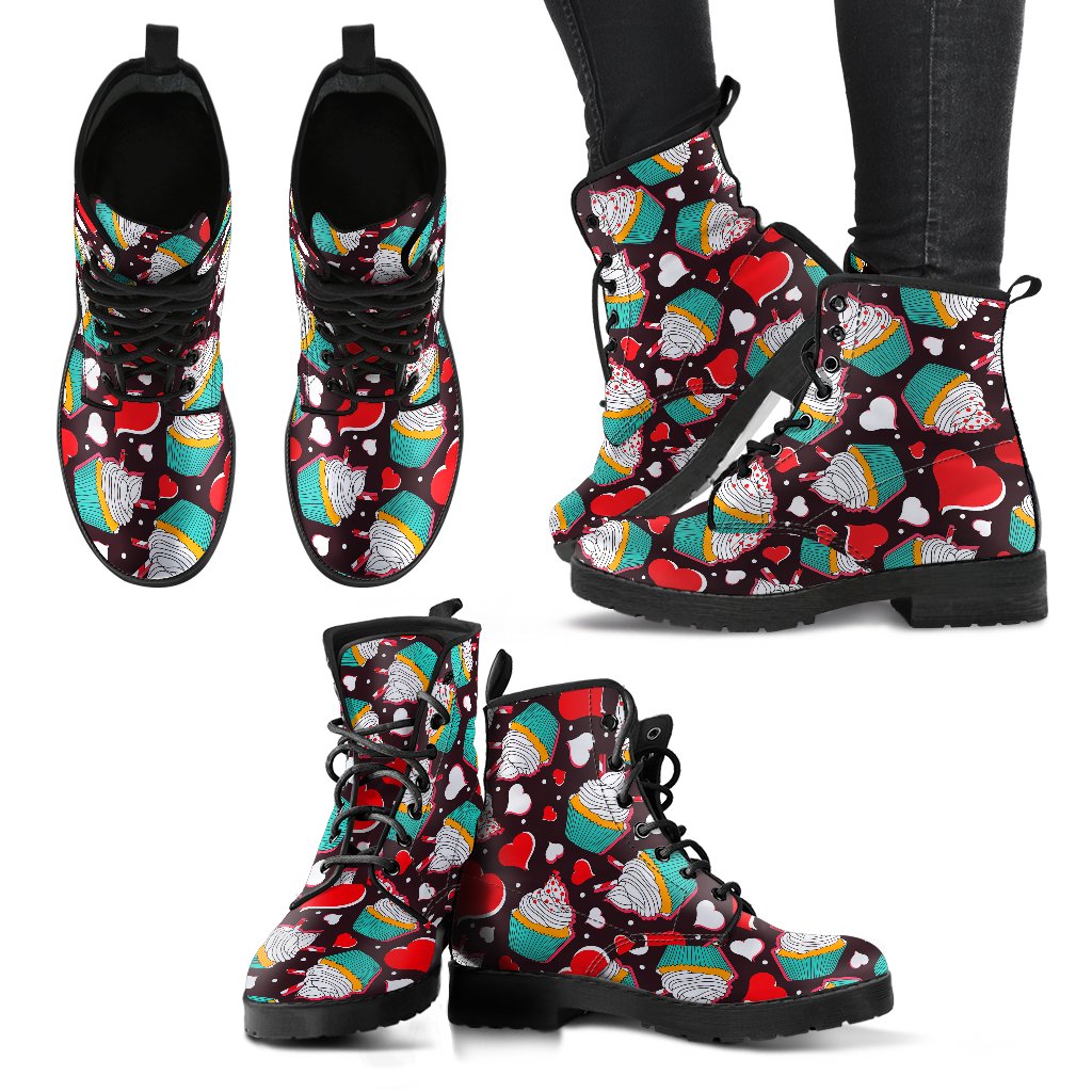 Cupcakes Heart Print Pattern Women Leather Boots-JTAMIGO.COM