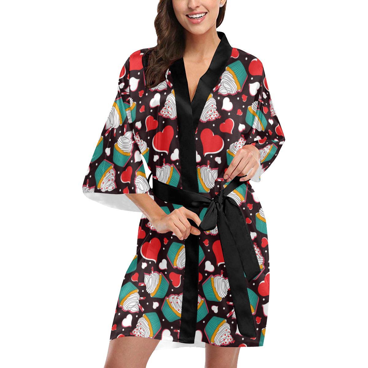 Cupcakes Heart Print Pattern Women Short Kimono Robe