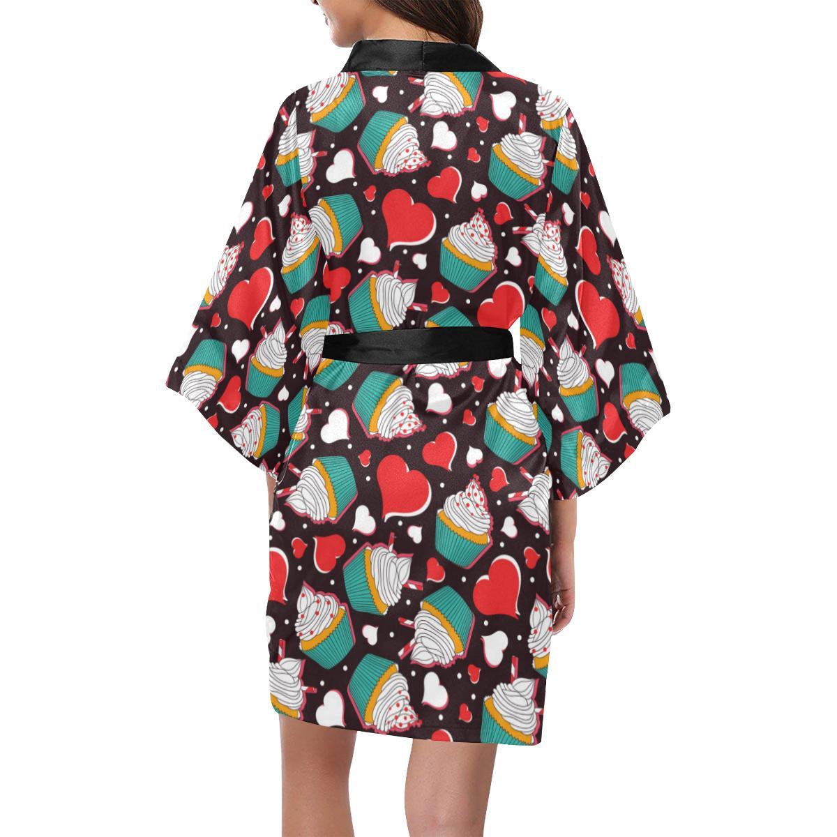 Cupcakes Heart Print Pattern Women Short Kimono Robe