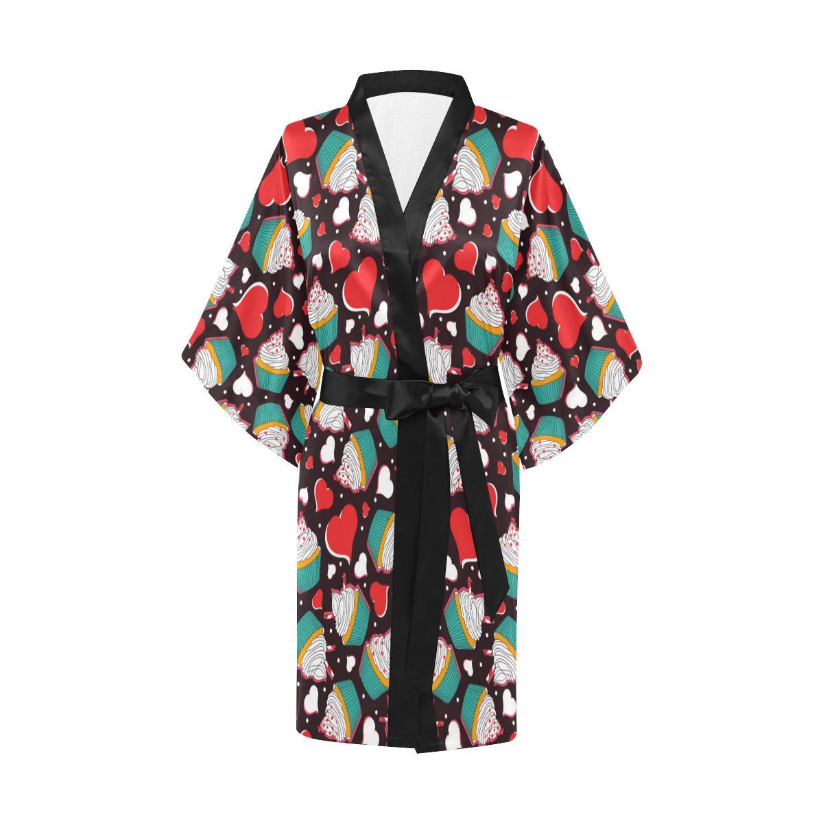 Cupcakes Heart Print Pattern Women Short Kimono Robe
