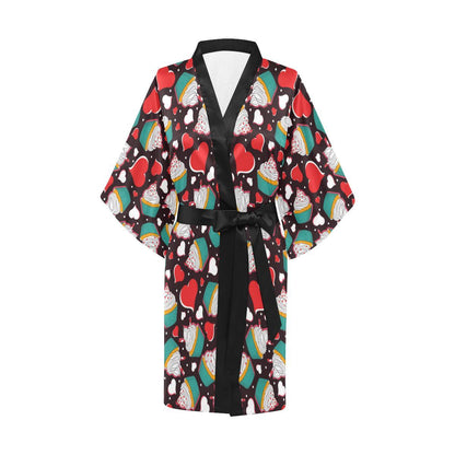 Cupcakes Heart Print Pattern Women Short Kimono Robe