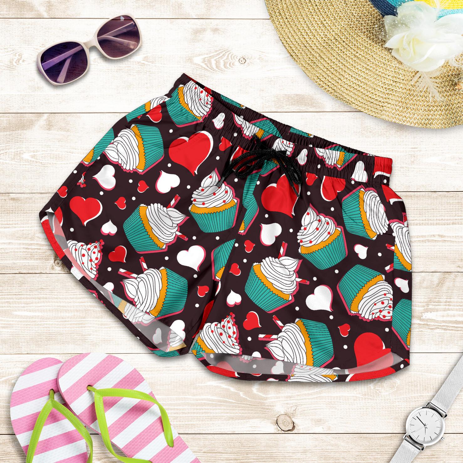 Cupcakes Heart Print Pattern Women Shorts-JTAMIGO.COM