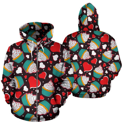 Cupcakes Heart Print Pattern Zip Up Hoodie