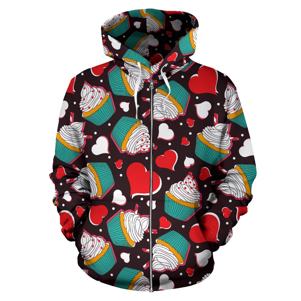 Cupcakes Heart Print Pattern Zip Up Hoodie
