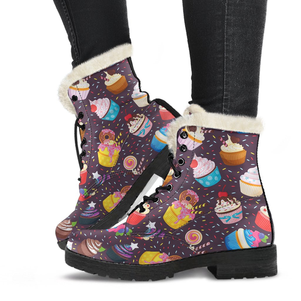 Cupcakes Party Print Pattern Faux Fur Leather Boots-JTAMIGO.COM