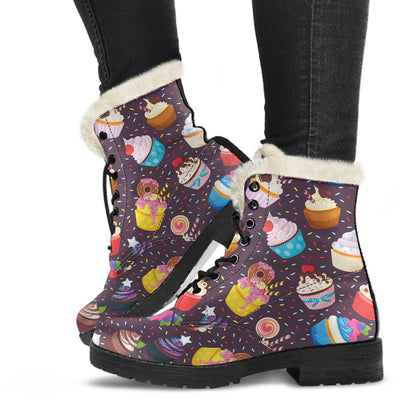 Cupcakes Party Print Pattern Faux Fur Leather Boots-JTAMIGO.COM
