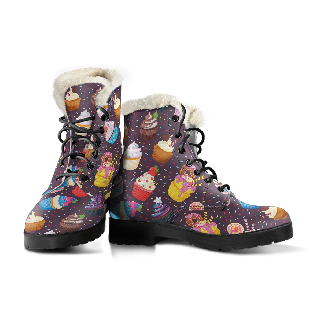 Cupcakes Party Print Pattern Faux Fur Leather Boots-JTAMIGO.COM