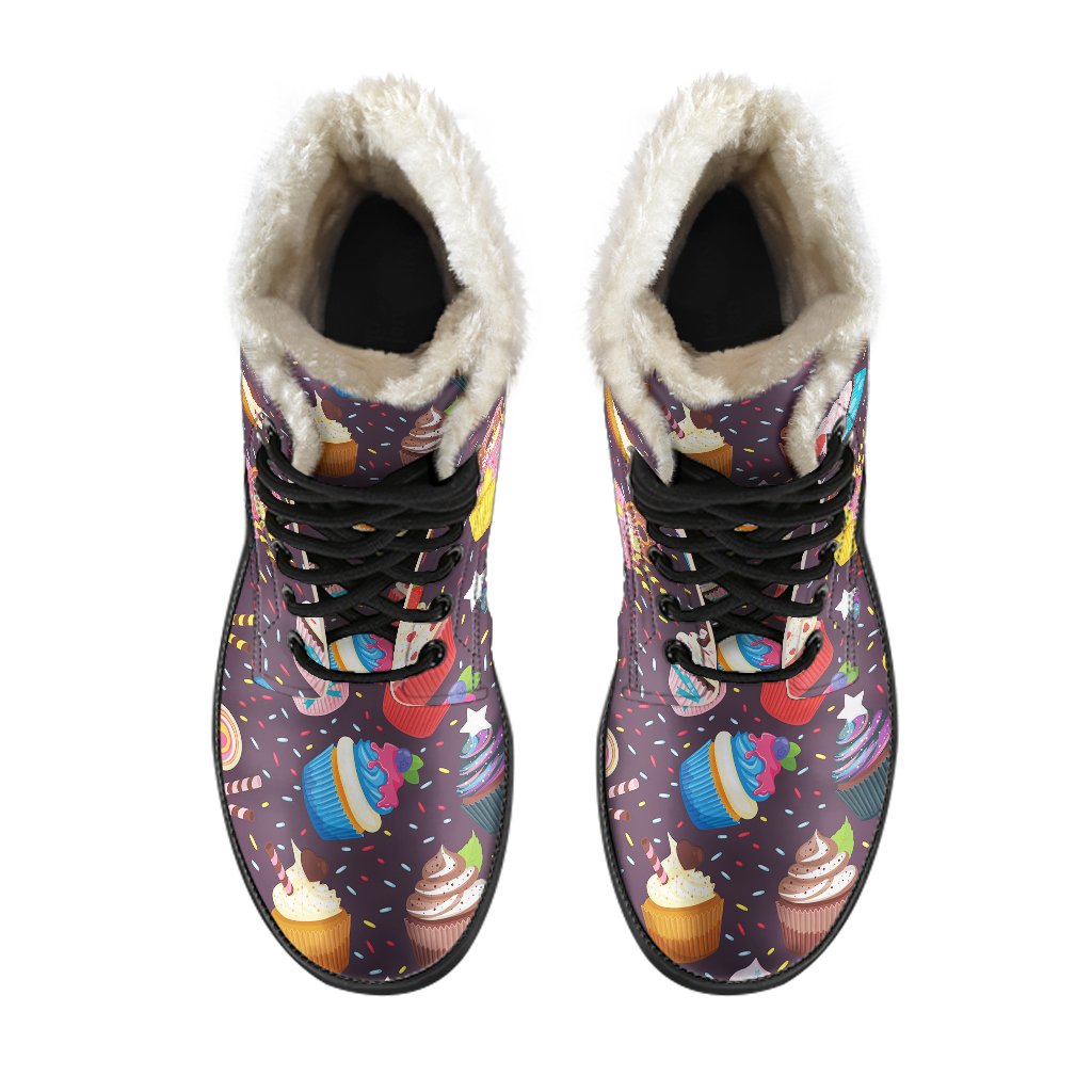 Cupcakes Party Print Pattern Faux Fur Leather Boots-JTAMIGO.COM