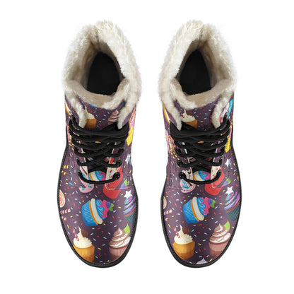 Cupcakes Party Print Pattern Faux Fur Leather Boots-JTAMIGO.COM