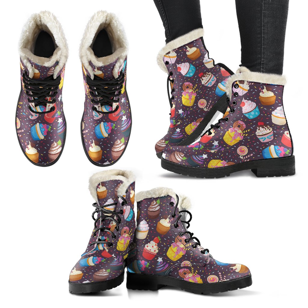 Cupcakes Party Print Pattern Faux Fur Leather Boots-JTAMIGO.COM