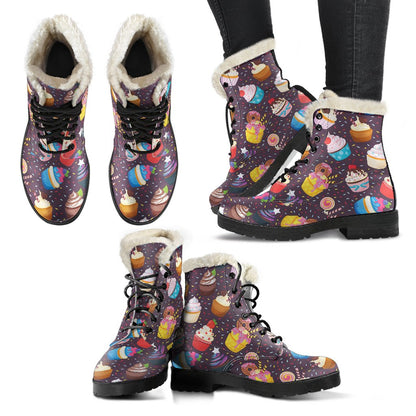 Cupcakes Party Print Pattern Faux Fur Leather Boots-JTAMIGO.COM