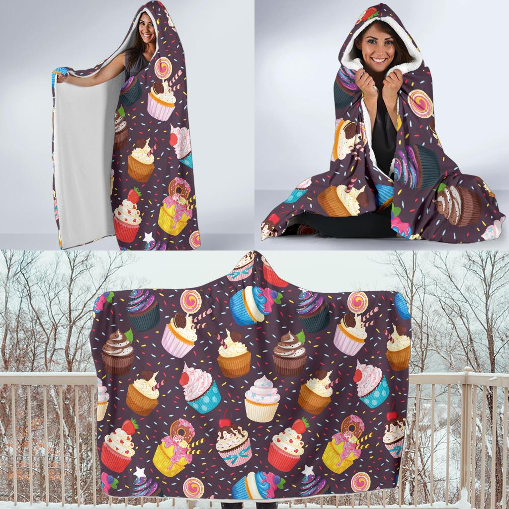 Cupcakes Party Print Pattern Hooded Blanket-JTAMIGO.COM