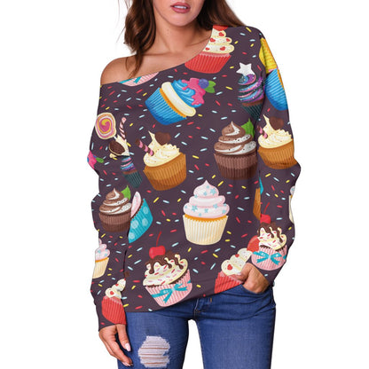 Cupcakes Party Print Pattern Off Shoulder Sweatshirt