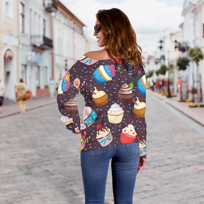Cupcakes Party Print Pattern Off Shoulder Sweatshirt