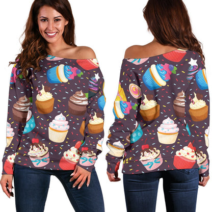 Cupcakes Party Print Pattern Off Shoulder Sweatshirt