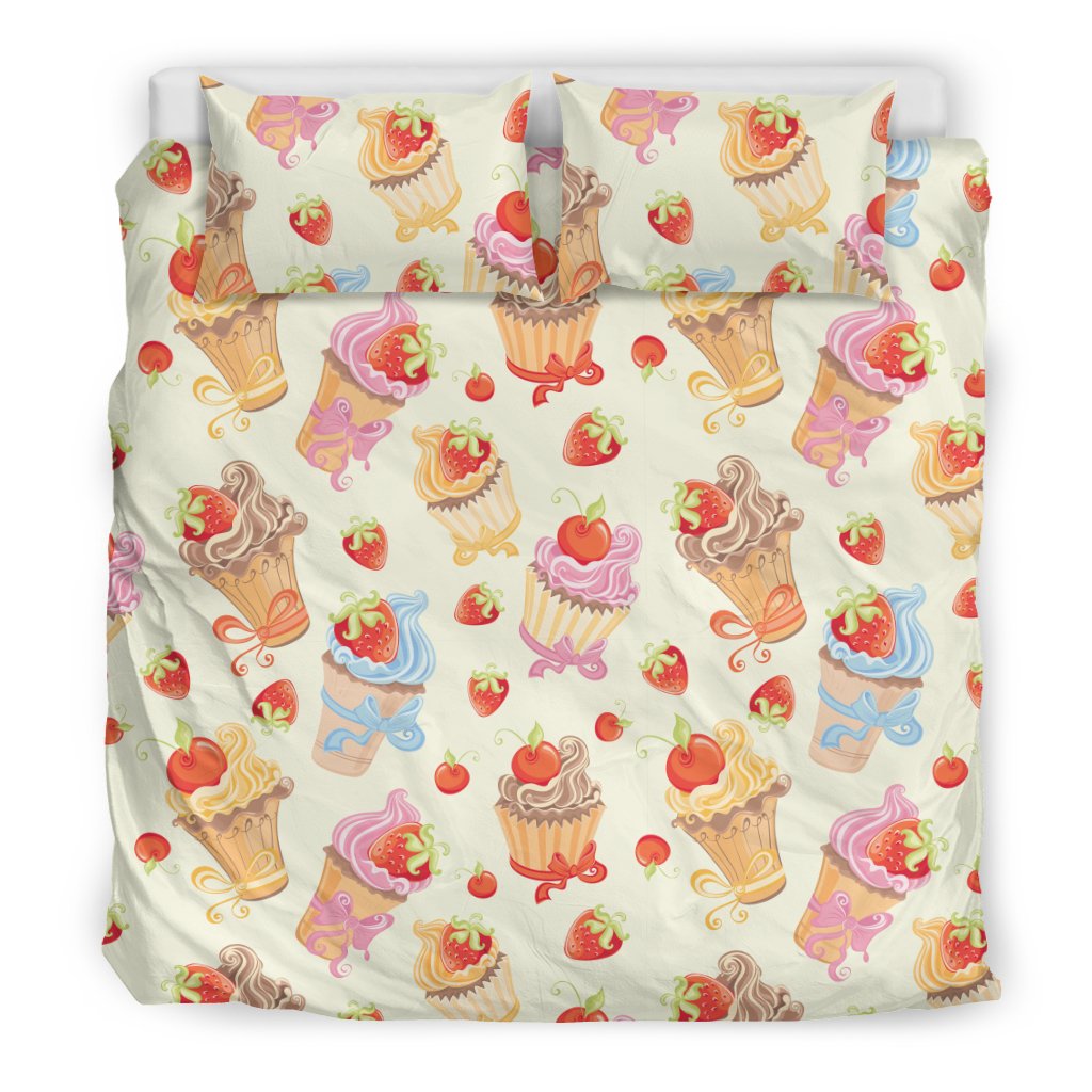 Cupcakes Strawberry Cherry Print Duvet Cover Bedding Set