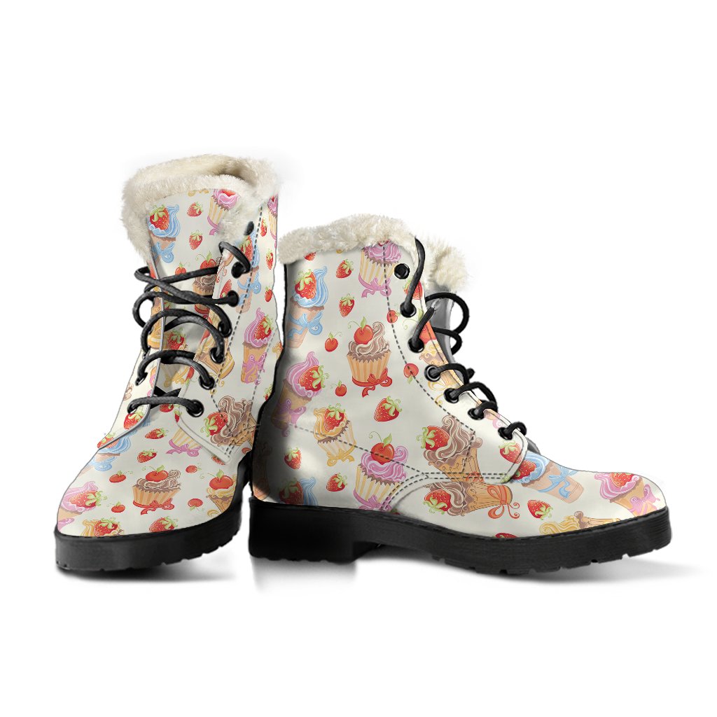 Cupcakes Strawberry Cherry Print Faux Fur Leather Boots-JTAMIGO.COM
