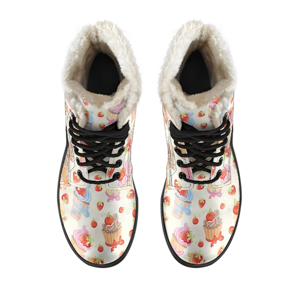 Cupcakes Strawberry Cherry Print Faux Fur Leather Boots-JTAMIGO.COM