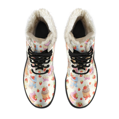 Cupcakes Strawberry Cherry Print Faux Fur Leather Boots-JTAMIGO.COM
