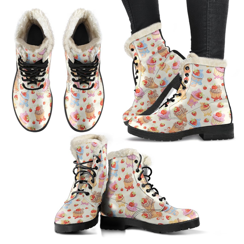 Cupcakes Strawberry Cherry Print Faux Fur Leather Boots-JTAMIGO.COM