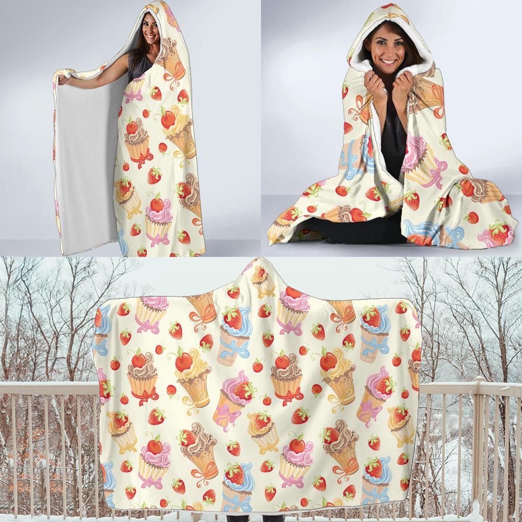 Cupcakes Strawberry Cherry Print Hooded Blanket-JTAMIGO.COM