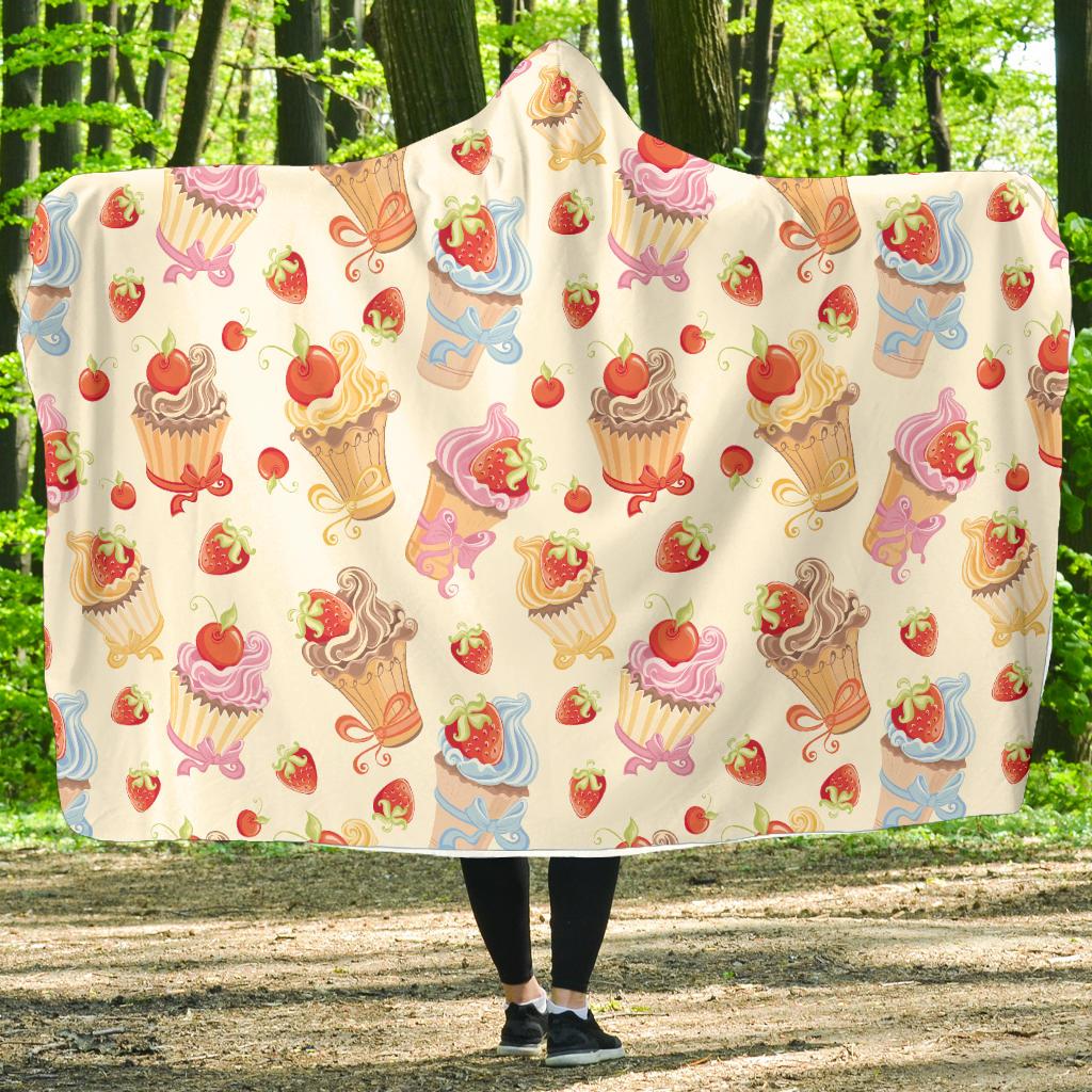 Cupcakes Strawberry Cherry Print Hooded Blanket-JTAMIGO.COM