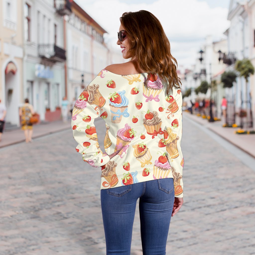 Cupcakes Strawberry Cherry Print Off Shoulder Sweatshirt