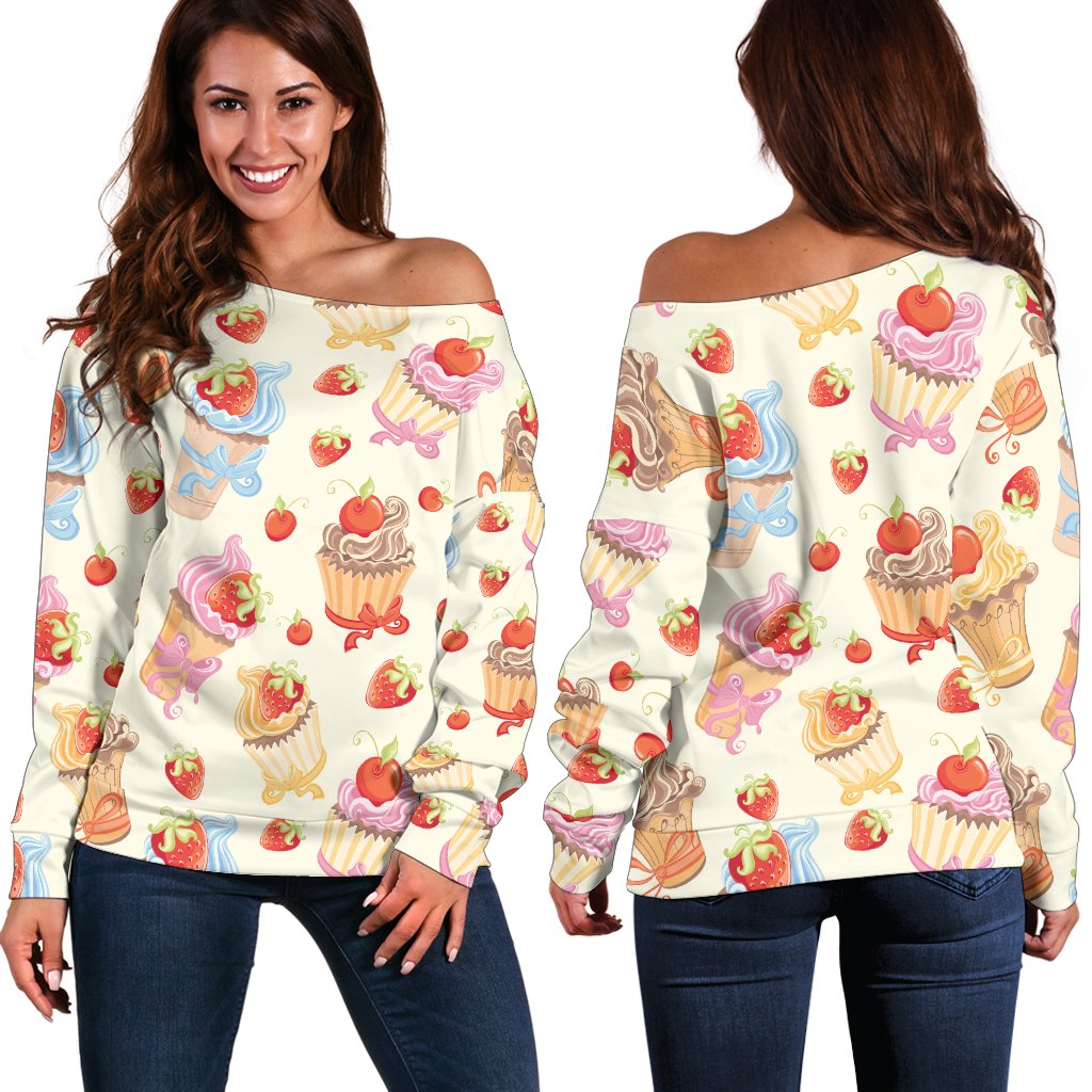 Cupcakes Strawberry Cherry Print Off Shoulder Sweatshirt